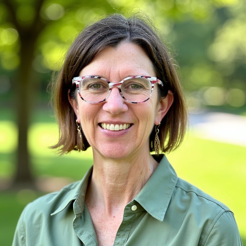 A woman wearing glasses and a green shirt smiles warmly at the camera.